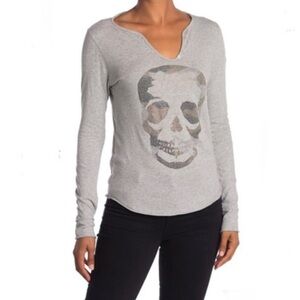 Zadig & Voltaire Camo Skull Print Women's Long Sleeve Henley Grunge Top Med Gray